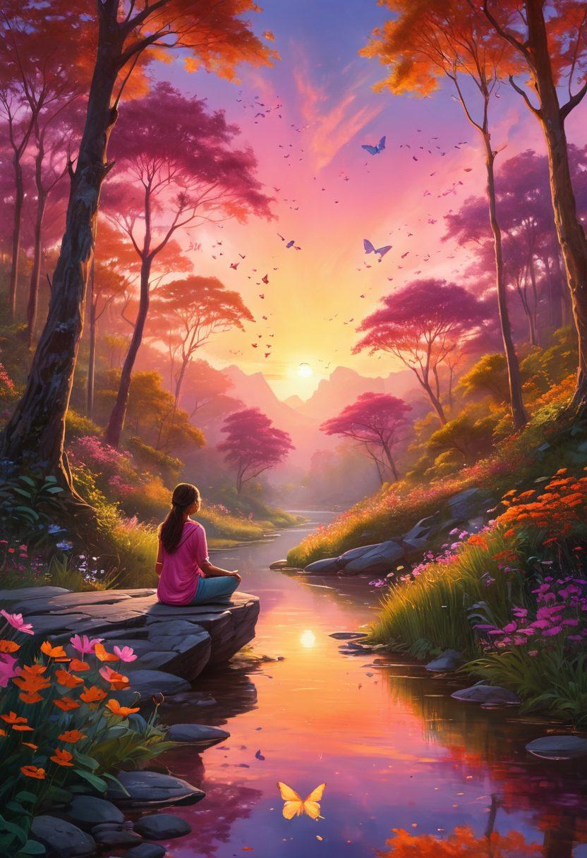 A serene landscape with a glowing sunrise illuminating a winding path through a lush forest, symbolizing the journey to discover purpose and contentment. In the foreground, a meditative figure sits cross-legged, surrounded by floating symbols of joy like butterflies and blooming flowers. The sky is painted with vibrant hues of orange and pink, reflecting elation. super-realistic. vibrant colors. ethereal atmosphere.