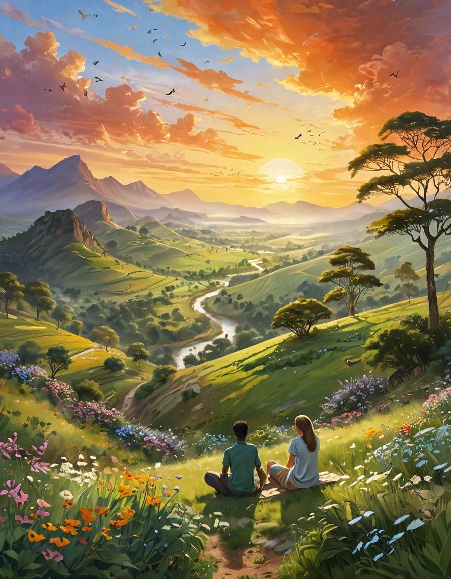 A serene landscape featuring a sunrise over a lush valley, symbolizing hope and joy. In the foreground, a diverse group of people laughing and sharing joyful moments, representing different cultures experiencing happiness. Soft, warm colors fill the sky, contrasting with a vibrant green earth below. Elements like floating butterflies and blooming flowers enhance the theme of transformation and joy. painterly style, with a dreamy and uplifting atmosphere.
