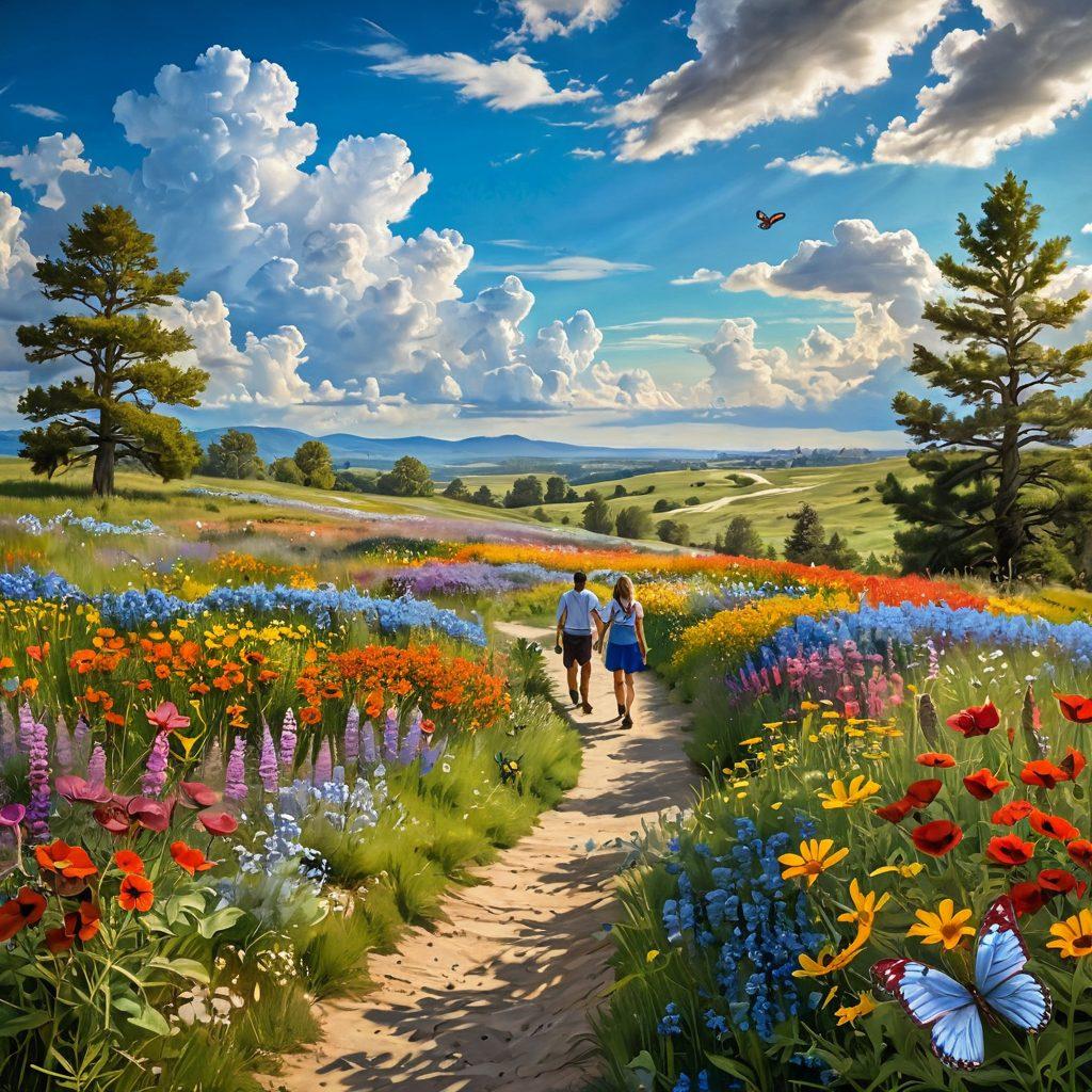 A serene landscape featuring a bright, sunlit path leading through a blooming meadow filled with colorful wildflowers, symbolizing optimism and discovery. In the background, a happy couple joyfully exploring their surroundings, capturing their curiosity. Soft clouds drift in a blue sky, radiating warmth and positivity. Inviting elements like butterflies and playful animals enhance the sense of joy and exploration. vibrantly colorful. super-realistic. whimsical elements.
